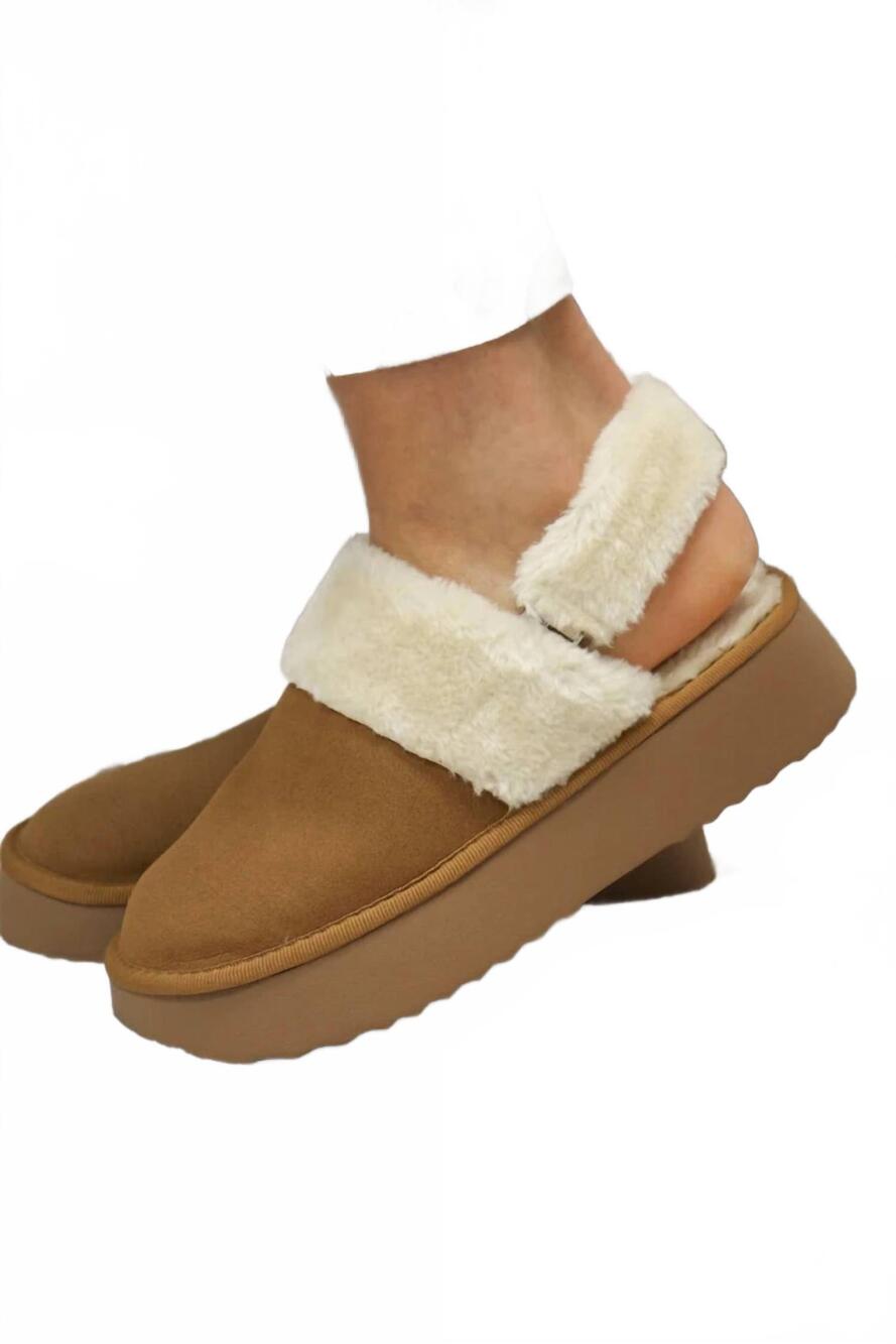 NEW MIA women's icier fuzzy strap platform slippers in cognac